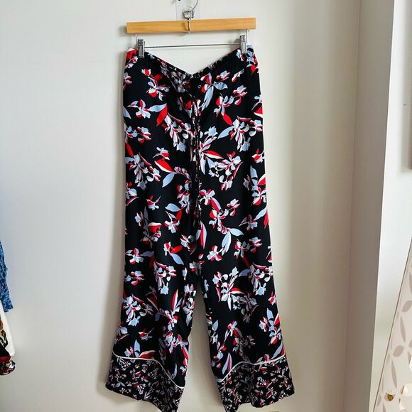 LAUNDRY by Shelli Segal Tropical Floral Wide‎ Leg Pants Navy Red White L - Picture 1 of 7